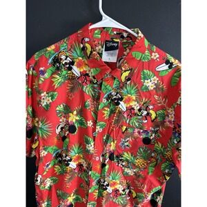 Disney Hawaiian Button Up Mickey Minnie Mouse Surfing Red Floral ‎ Shirt Large